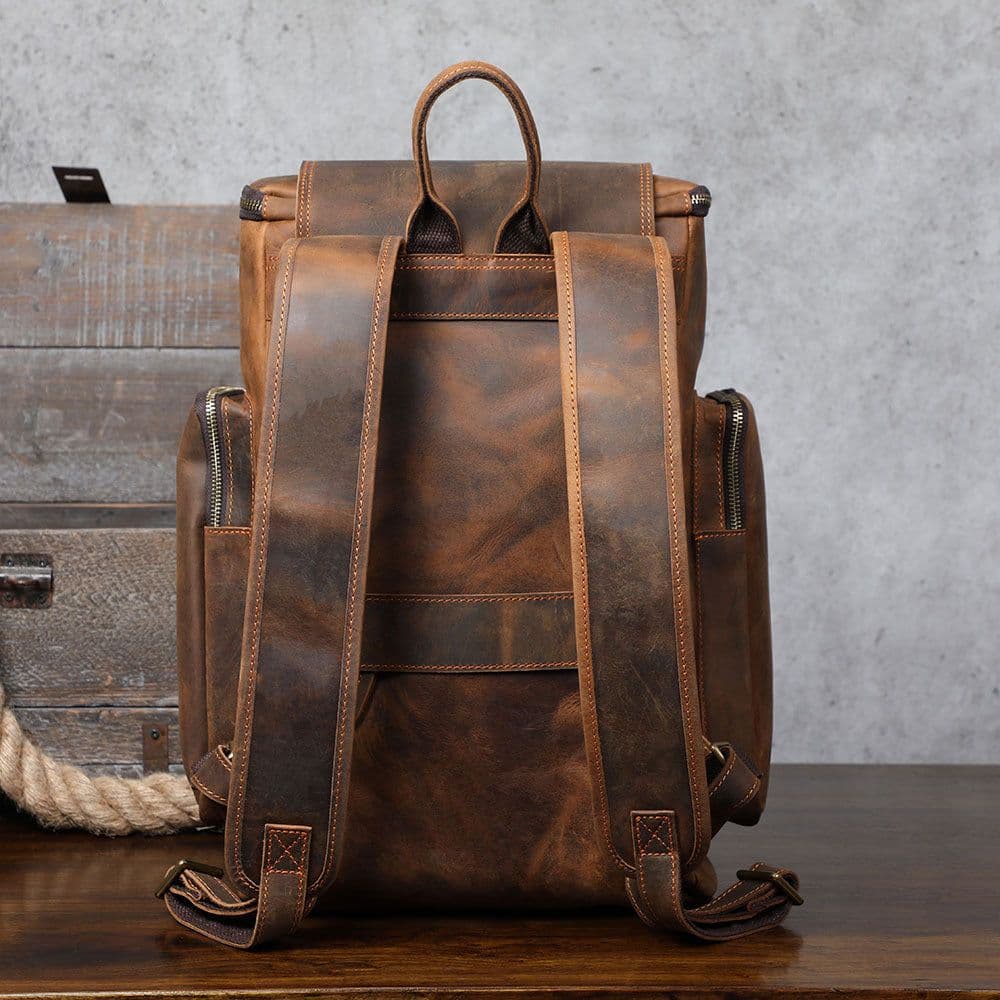 image-Men's Crazy Horse Leather Backpack Large Capacity Travel Bag