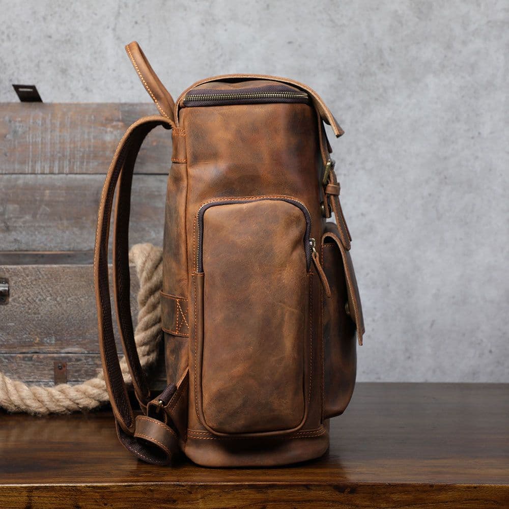 image-Men's Crazy Horse Leather Backpack Large Capacity Travel Bag