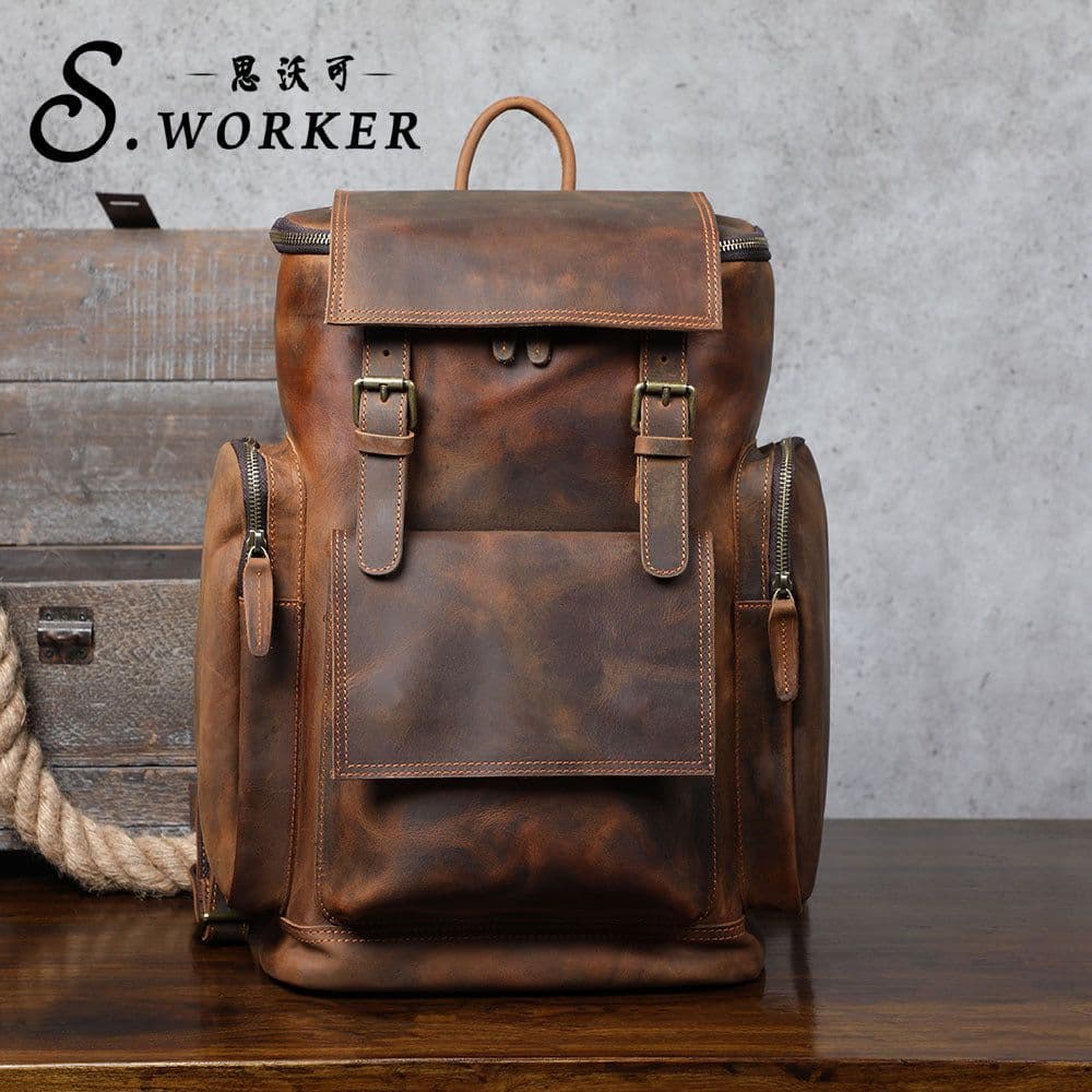 image-Men's Crazy Horse Leather Backpack Large Capacity Travel Bag
