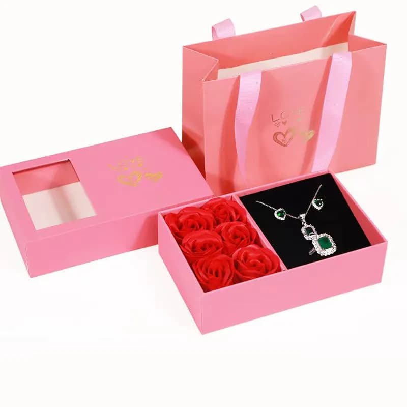 image-Jewelry Box with Roses Gift Set Ring Necklace Earring Storage