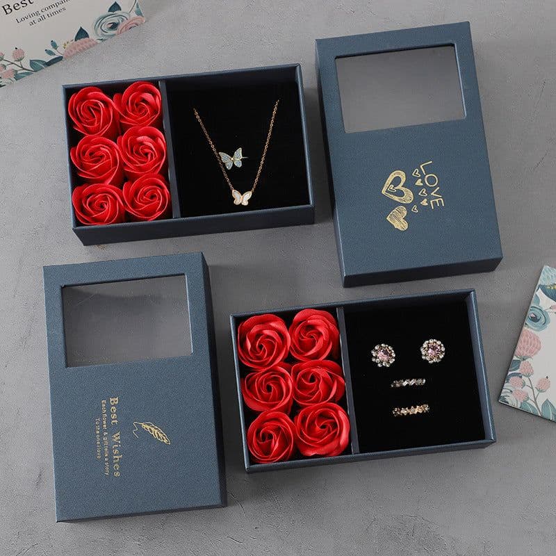 image-Jewelry Box with Roses Gift Set Ring Necklace Earring Storage