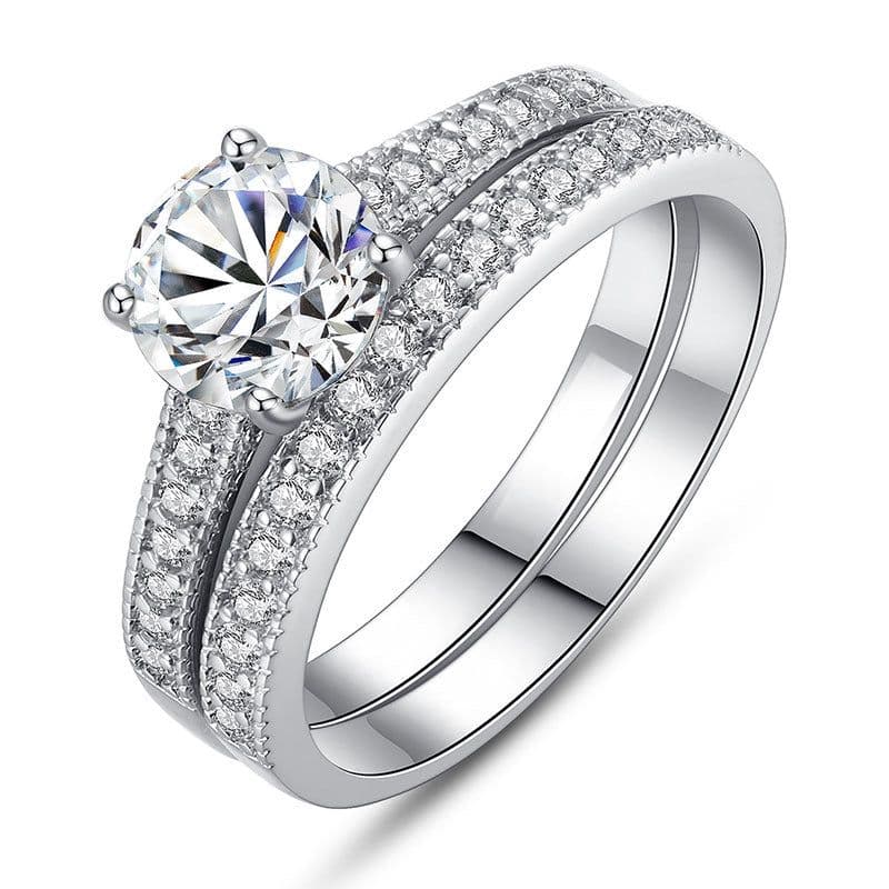 image-BAMOER Silver Double Ring Set Pave AAA Zircon Wedding YIR045