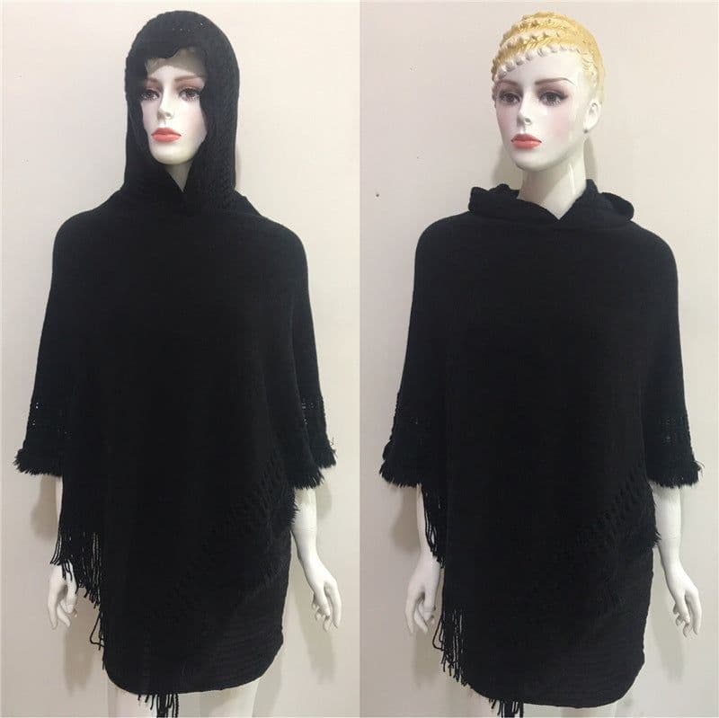image-Women's Hooded Tassel Cashmere Cape Shawl Plus Size