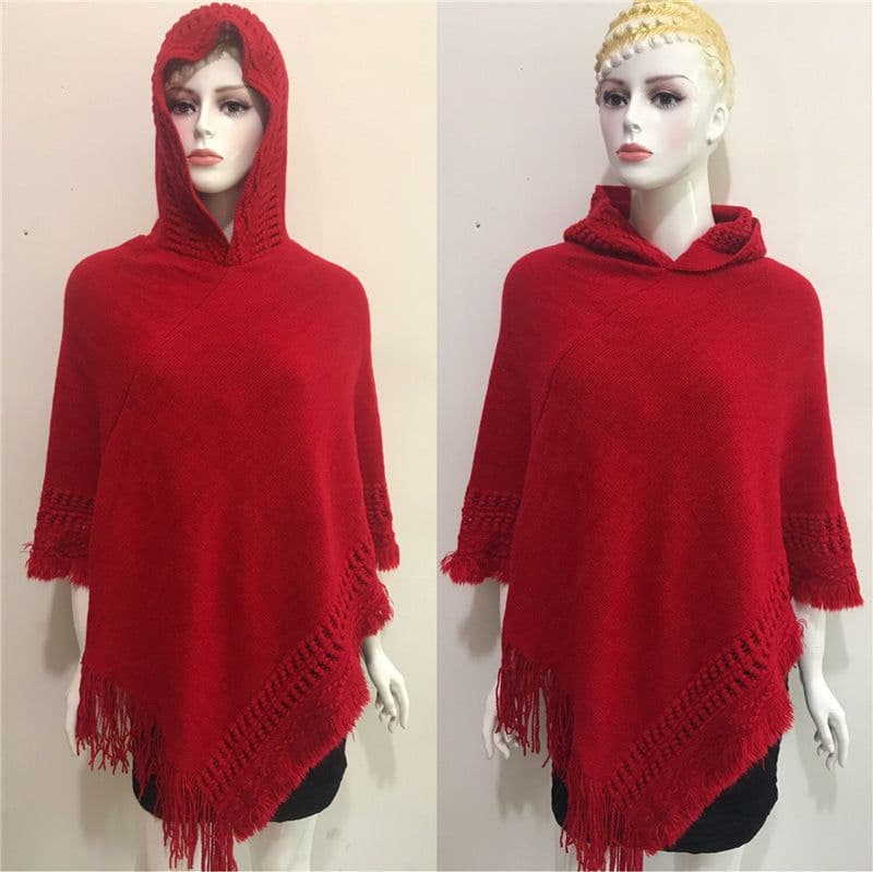 image-Women's Hooded Tassel Cashmere Cape Shawl Plus Size