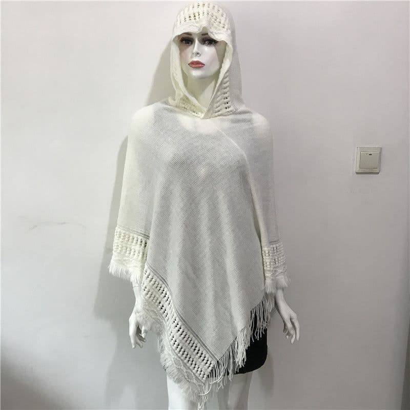 image-Women's Hooded Tassel Cashmere Cape Shawl Plus Size