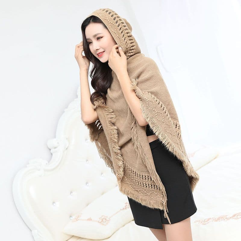 image-Women's Hooded Tassel Cashmere Cape Shawl Plus Size
