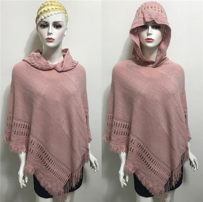 image-Women's Hooded Tassel Cashmere Cape Shawl Plus Size