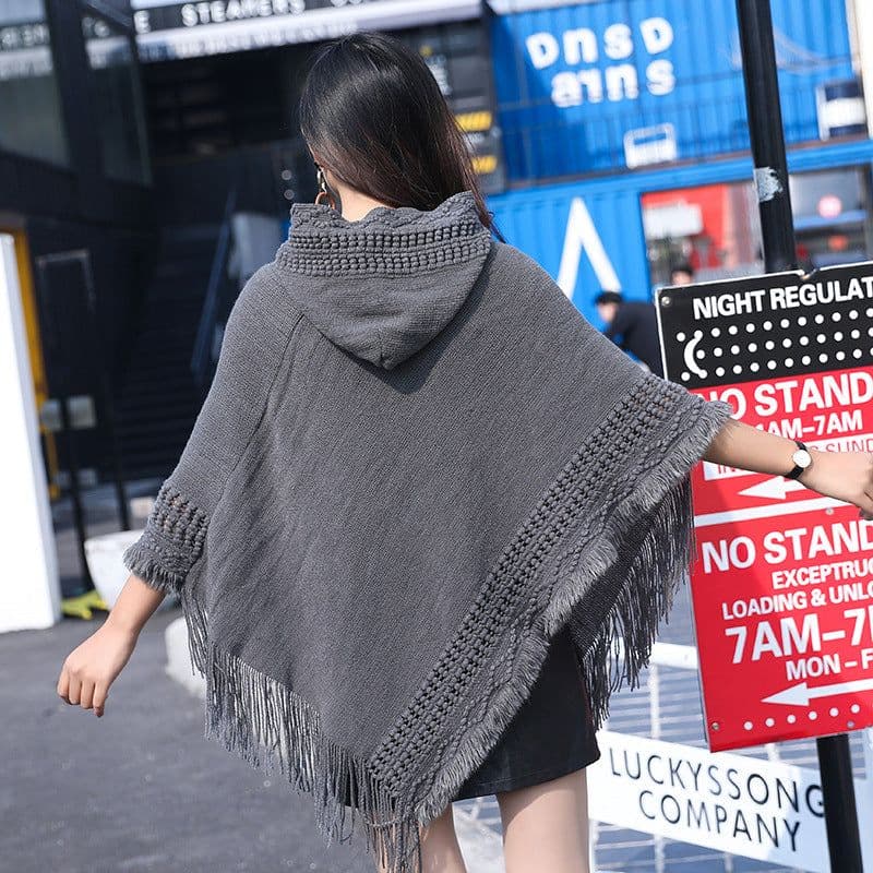 image-Women's Hooded Tassel Cashmere Cape Shawl Plus Size