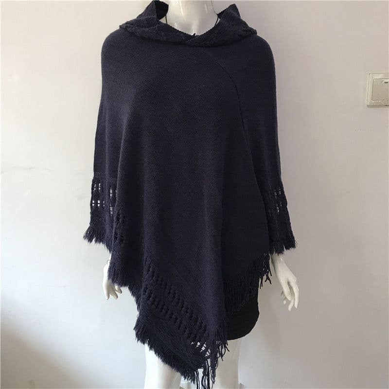 image-Women's Hooded Tassel Cashmere Cape Shawl Plus Size