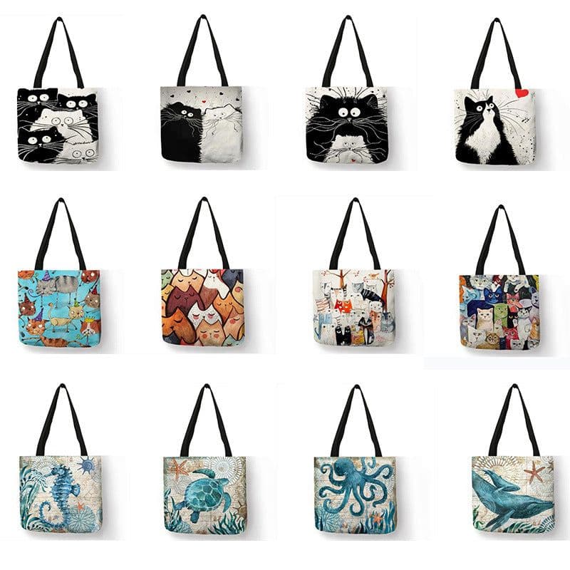 image-Cotton Linen Shopping Tote Bag Animal Print 40x40cm