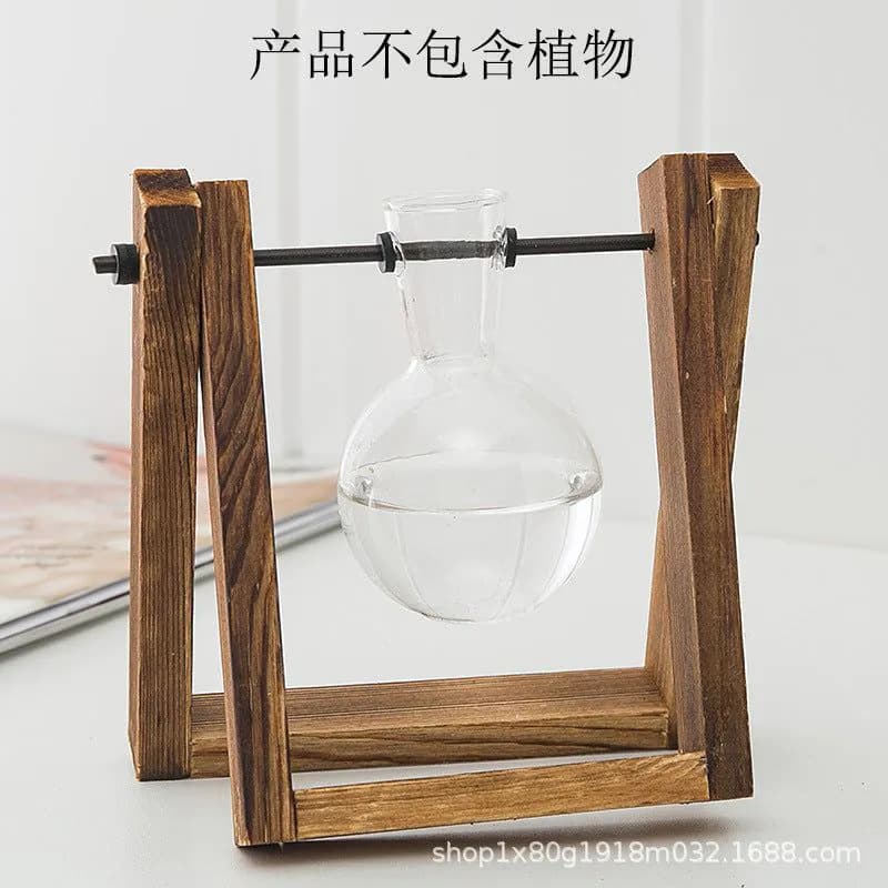 image-Borosilicate Glass Hydroponic Vase with Wooden Frame Desktop Decor