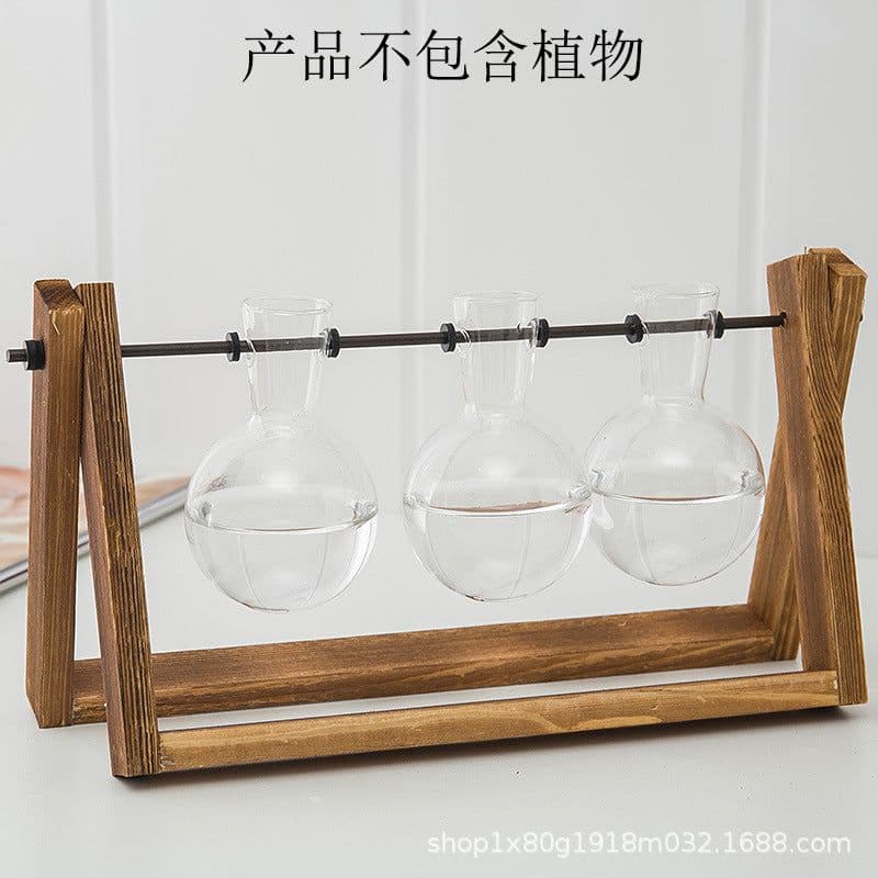 image-Borosilicate Glass Hydroponic Vase with Wooden Frame Desktop Decor