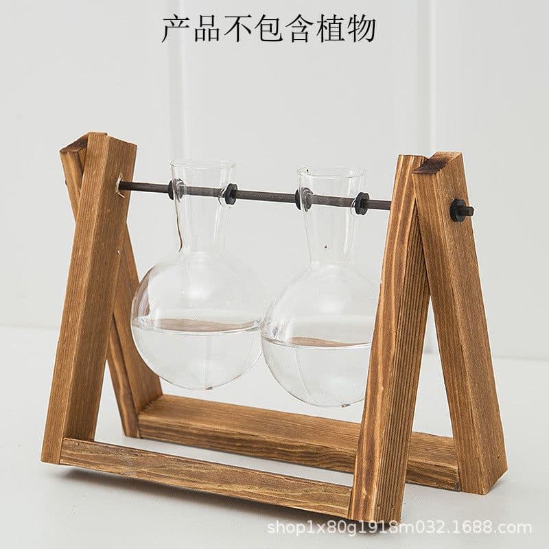 image-Borosilicate Glass Hydroponic Vase with Wooden Frame Desktop Decor
