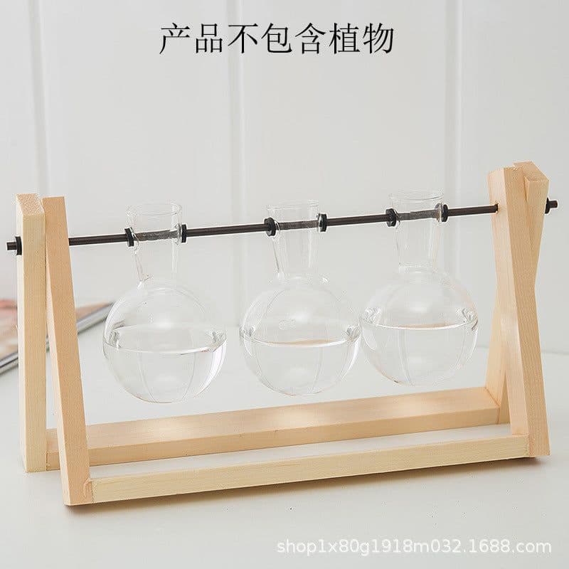 image-Borosilicate Glass Hydroponic Vase with Wooden Frame Desktop Decor
