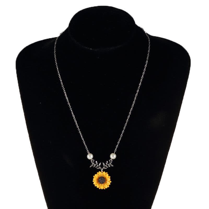 image-Sunflower Pearl Leaf Branch Pendant Necklace Rose Gold Alloy