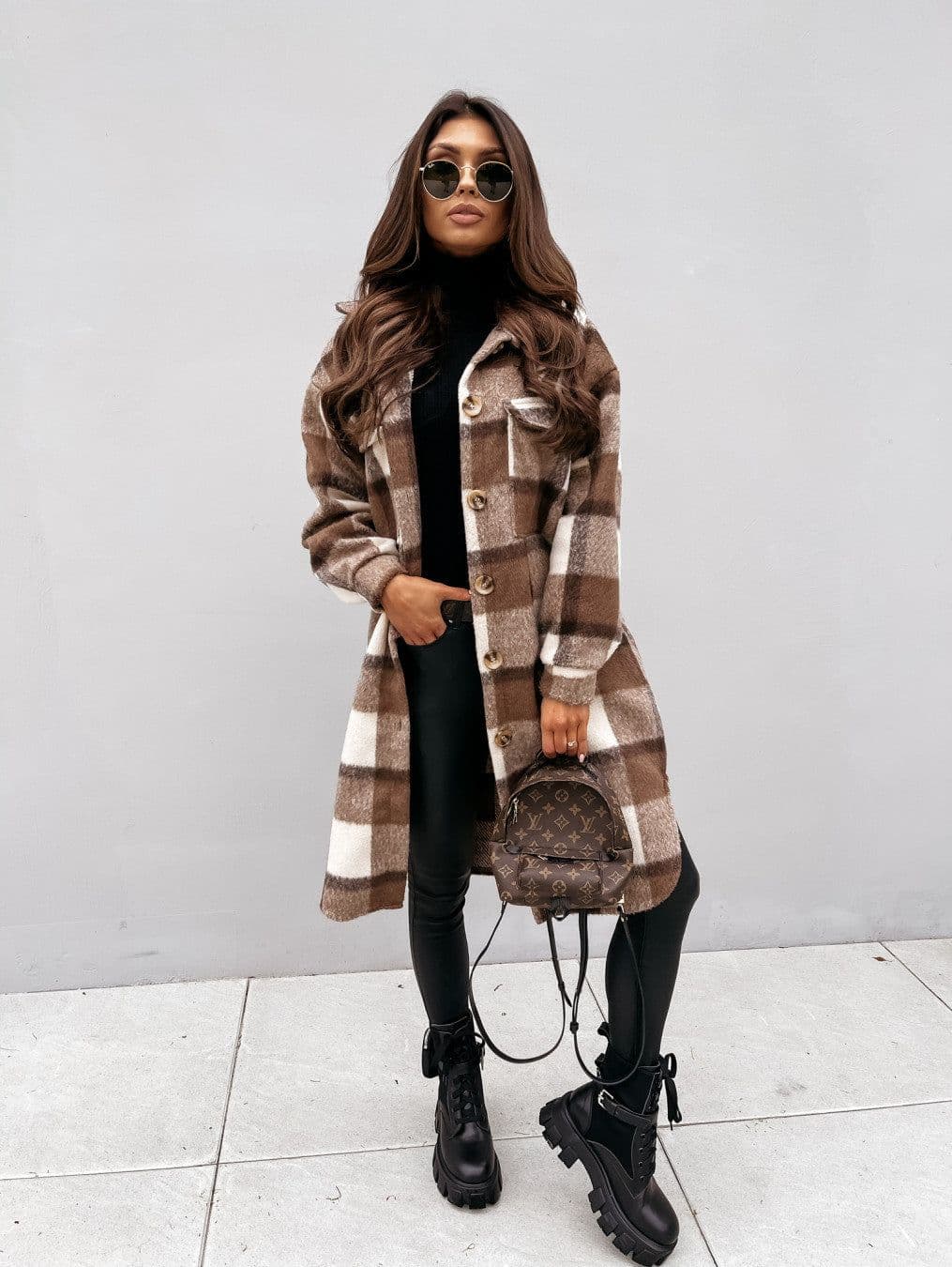 image-Women's Plaid Wool Blend Long Coat Button Front Lapel Cardigan