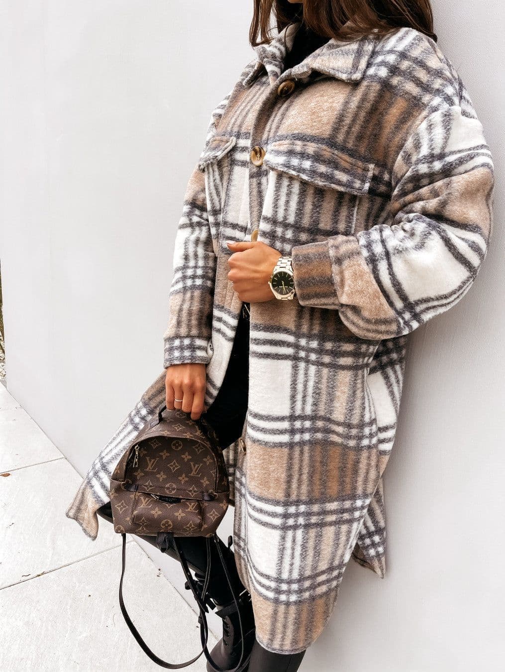 image-Women's Plaid Wool Blend Long Coat Button Front Lapel Cardigan