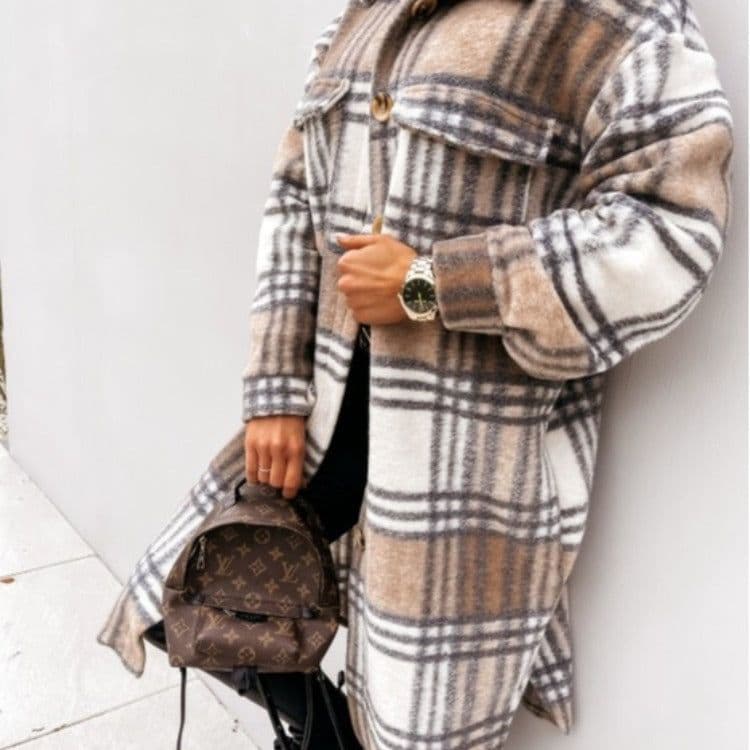 image-Women's Plaid Wool Blend Long Coat Button Front Lapel Cardigan
