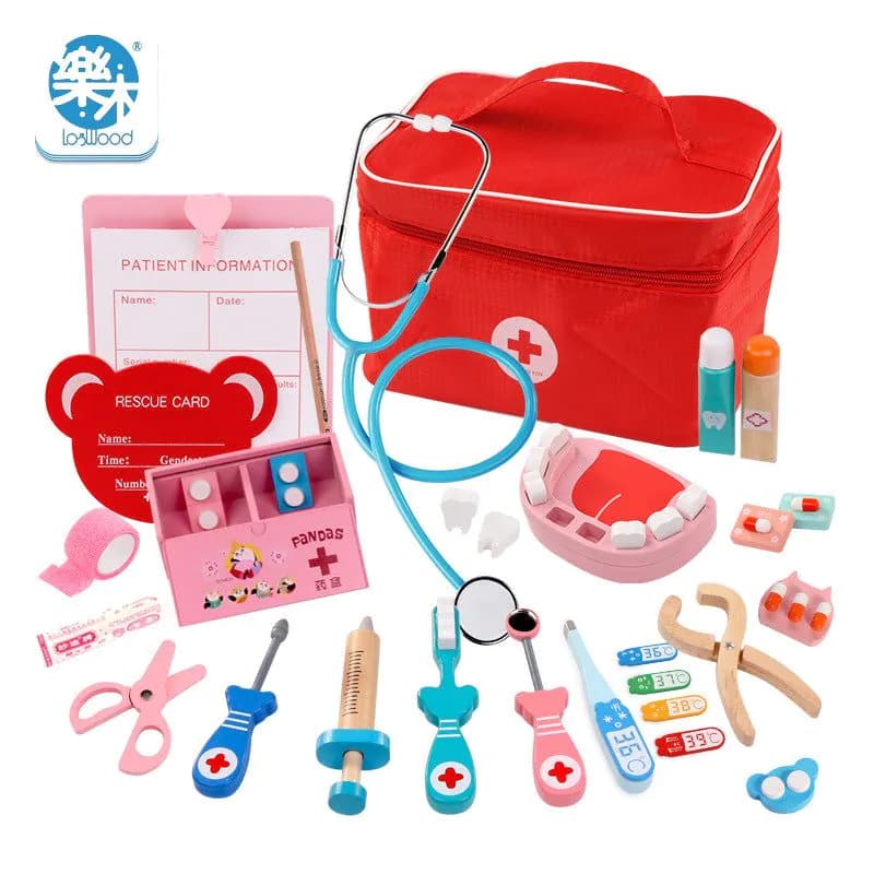 image-Wooden Doctor Kit Toy Pretend Play Medical Set for Kids 3-6