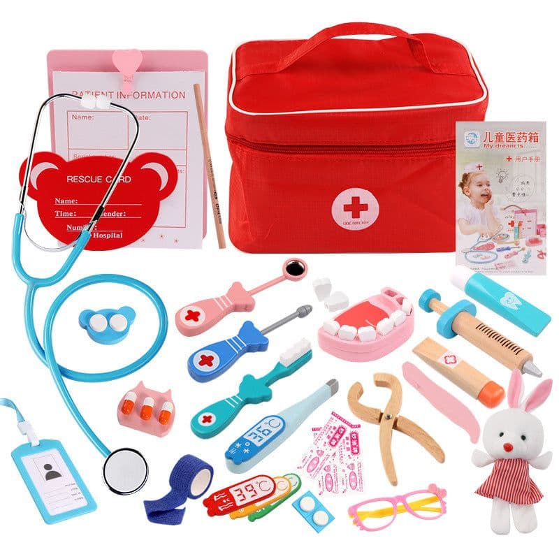 image-Wooden Doctor Kit Toy Pretend Play Medical Set for Kids 3-6