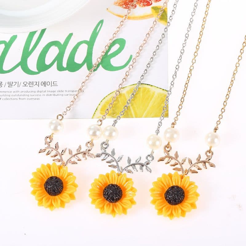 image-Sunflower Pearl Leaf Branch Pendant Necklace Women's Alloy