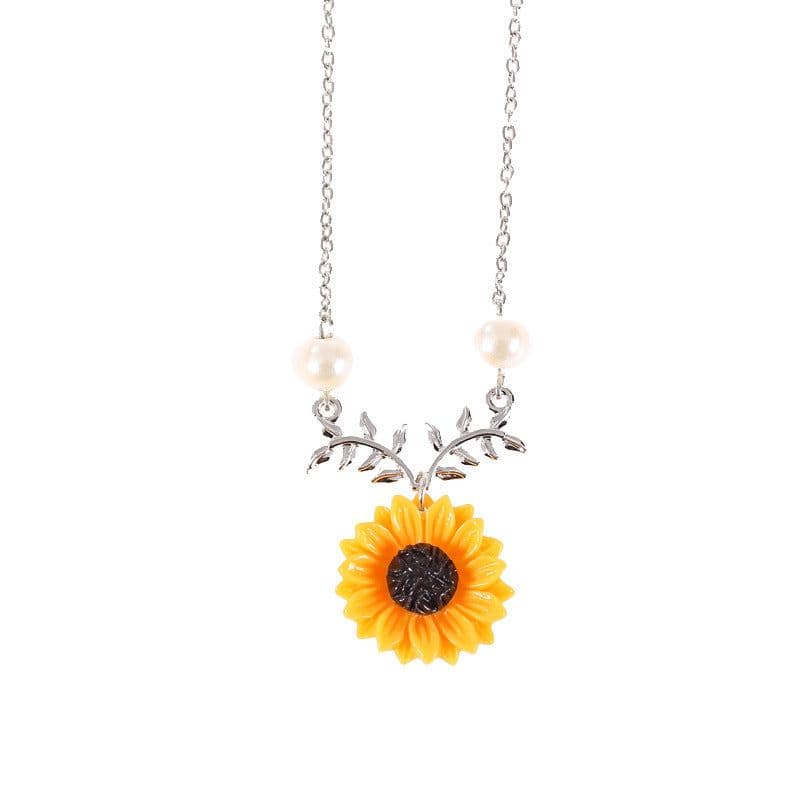 image-Sunflower Pearl Leaf Branch Pendant Necklace Women's Alloy
