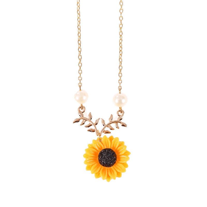 image-Sunflower Pearl Leaf Branch Pendant Necklace Women's Alloy