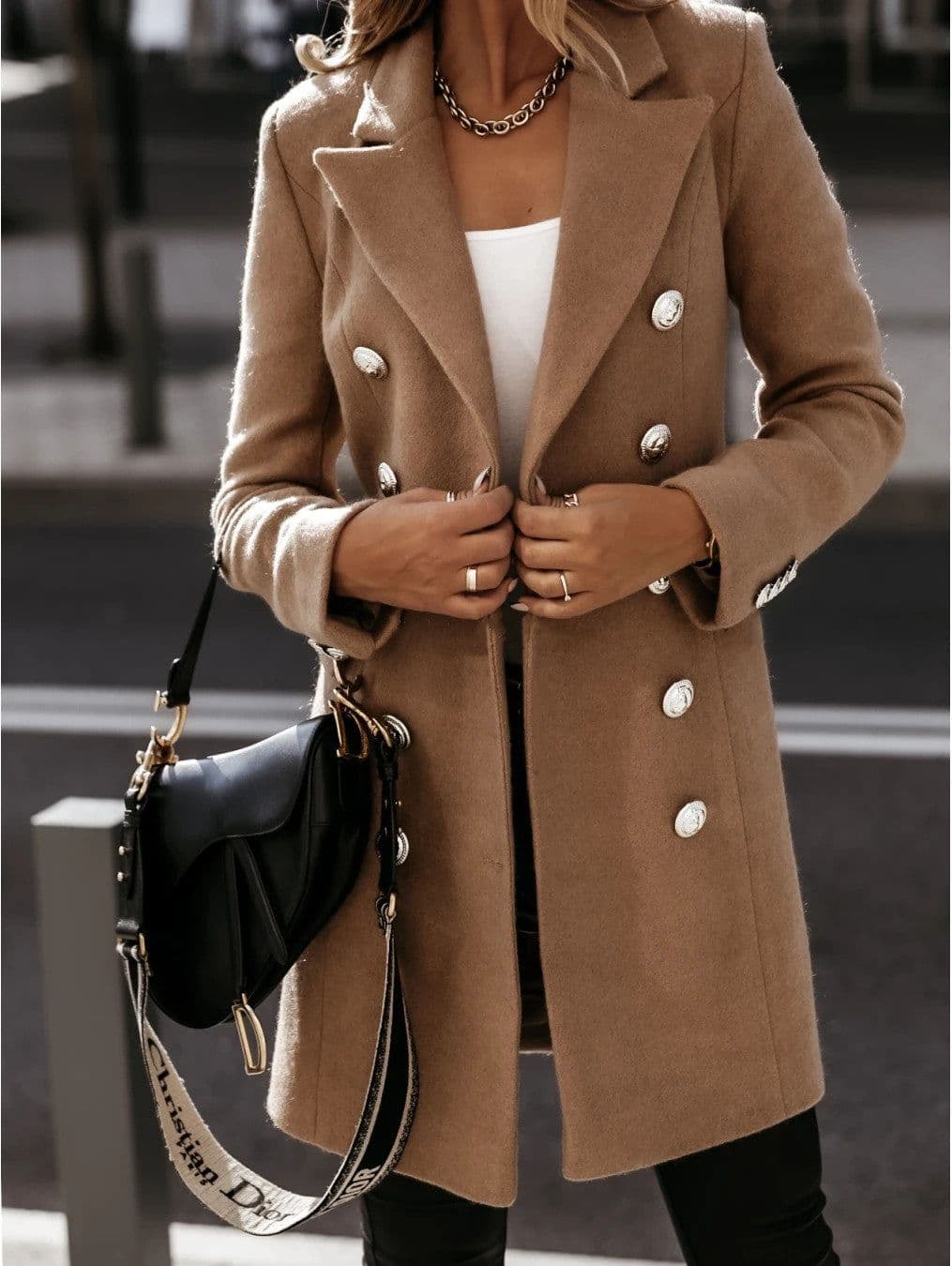 image-Women's Double-Breasted Wool Coat Long Sleeve Suit Collar Black