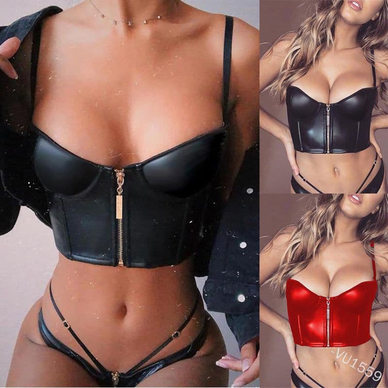 image-Women's Black PU Leather Cami Top Tight Fit Clubwear