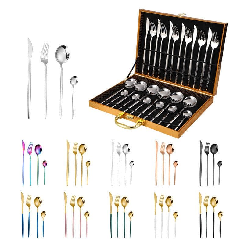 image-24-Piece Gold Stainless Steel Cutlery Set with Wooden Box