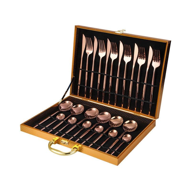 image-24-Piece Gold Stainless Steel Cutlery Set with Wooden Box