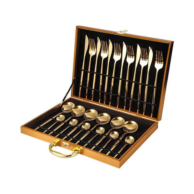 image-24-Piece Gold Stainless Steel Cutlery Set with Wooden Box