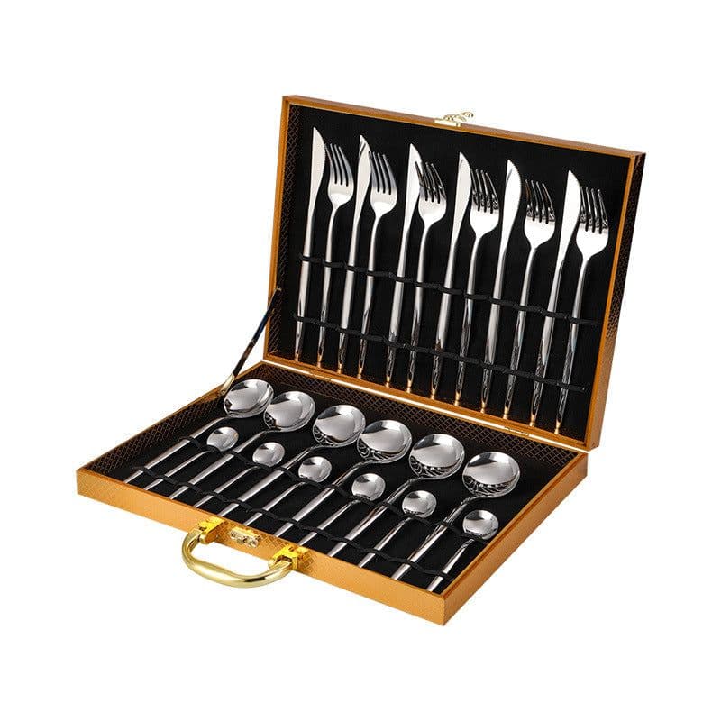 image-24-Piece Gold Stainless Steel Cutlery Set with Wooden Box