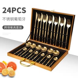 image-24-Piece Gold Stainless Steel Cutlery Set with Wooden Box