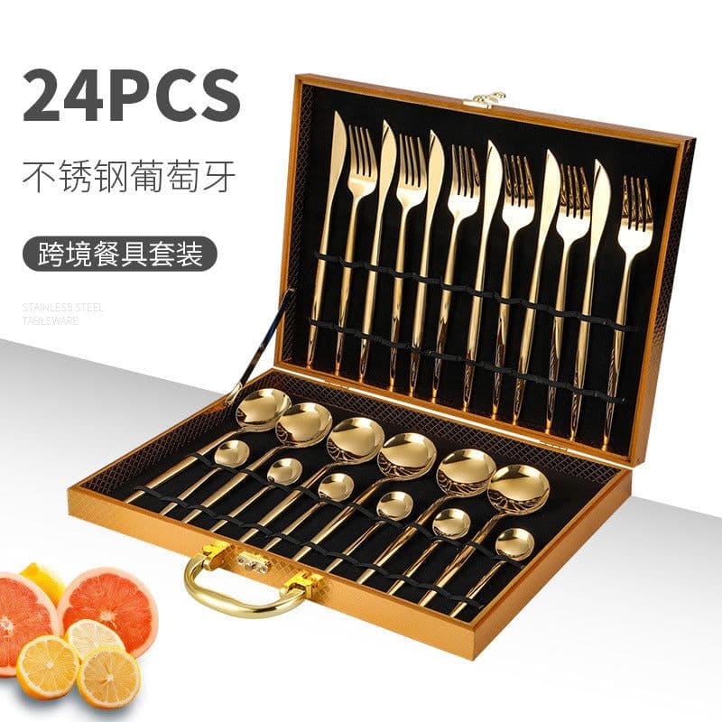 image-24-Piece Gold Stainless Steel Cutlery Set with Wooden Box
