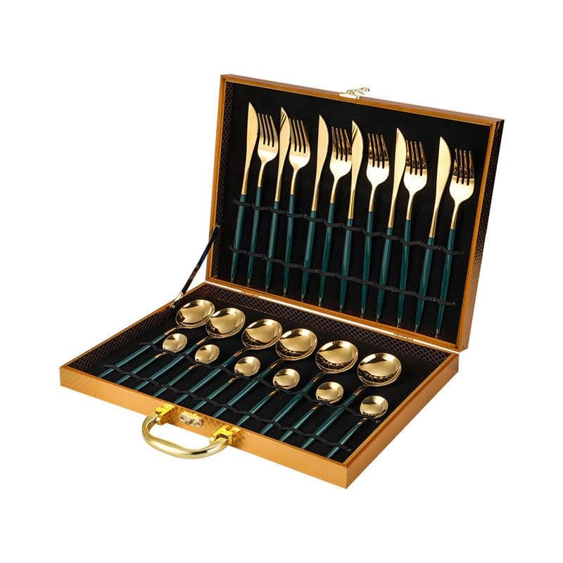 image-24-Piece Gold Stainless Steel Cutlery Set with Wooden Box