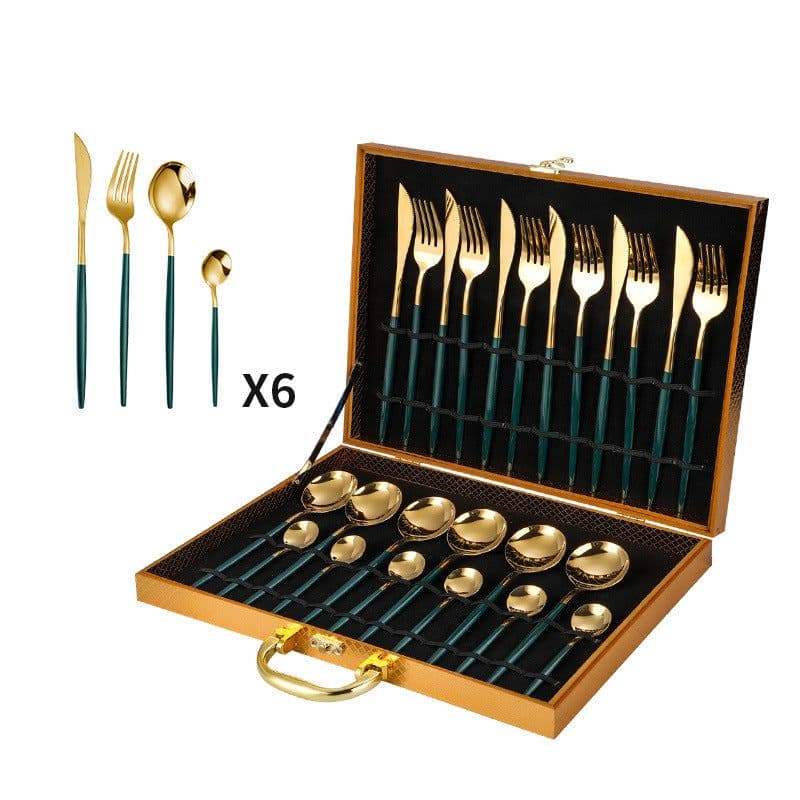 image-24-Piece Gold Stainless Steel Cutlery Set with Wooden Box