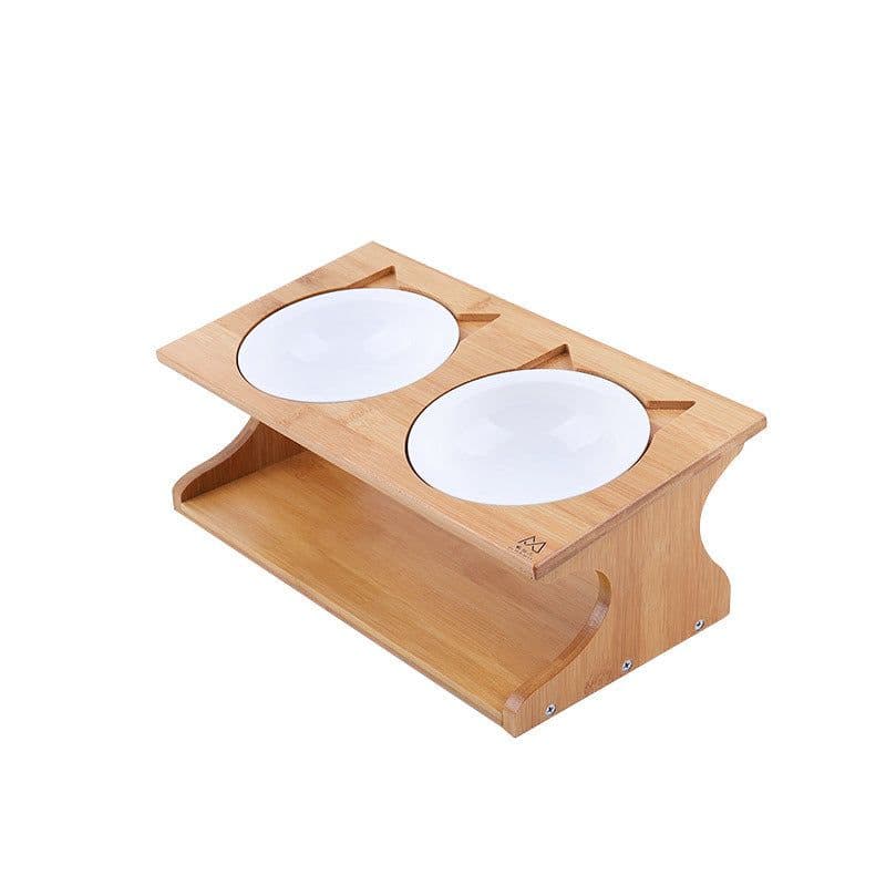 image-Miaoxianer Solid Wood Elevated Double Pet Bowl