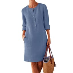 image-Women's Cotton Linen Round Neck Long Sleeve A-Line Midi Dress