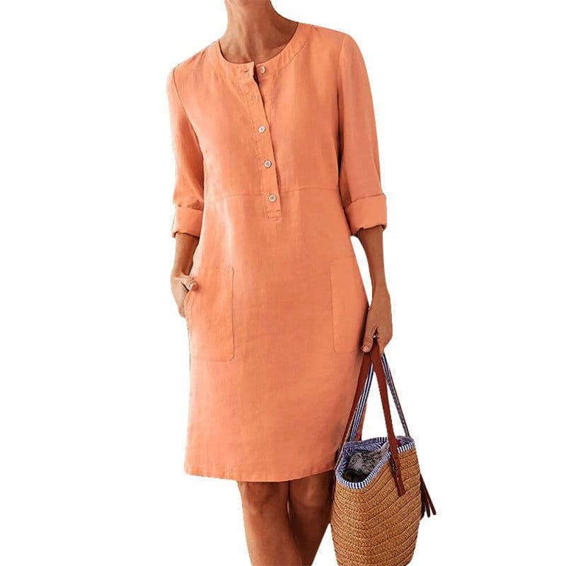 image-Women's Cotton Linen Round Neck Long Sleeve A-Line Midi Dress