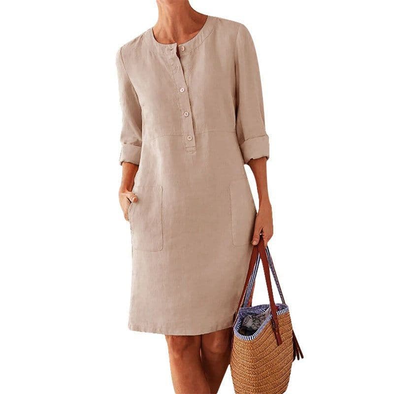 image-Women's Cotton Linen Round Neck Long Sleeve A-Line Midi Dress