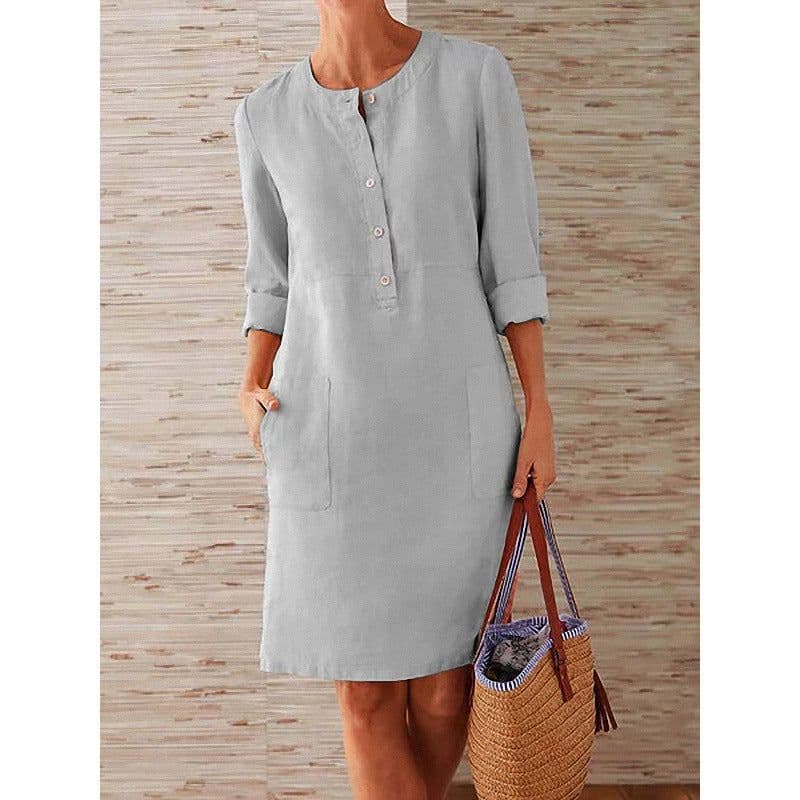 image-Women's Cotton Linen Round Neck Long Sleeve A-Line Midi Dress