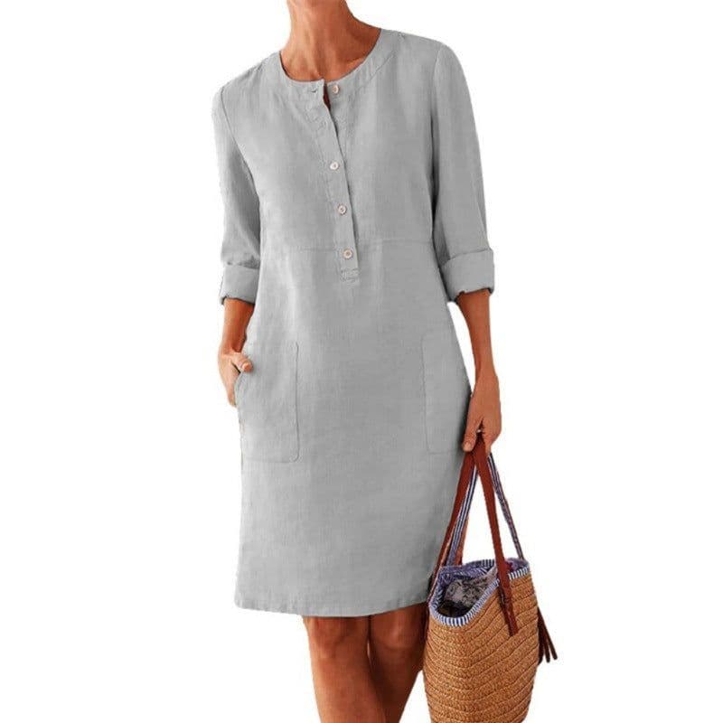 image-Women's Cotton Linen Round Neck Long Sleeve A-Line Midi Dress