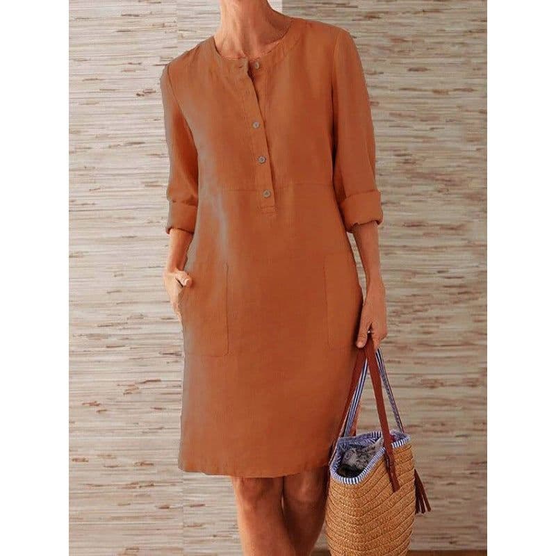 image-Women's Cotton Linen Round Neck Long Sleeve A-Line Midi Dress