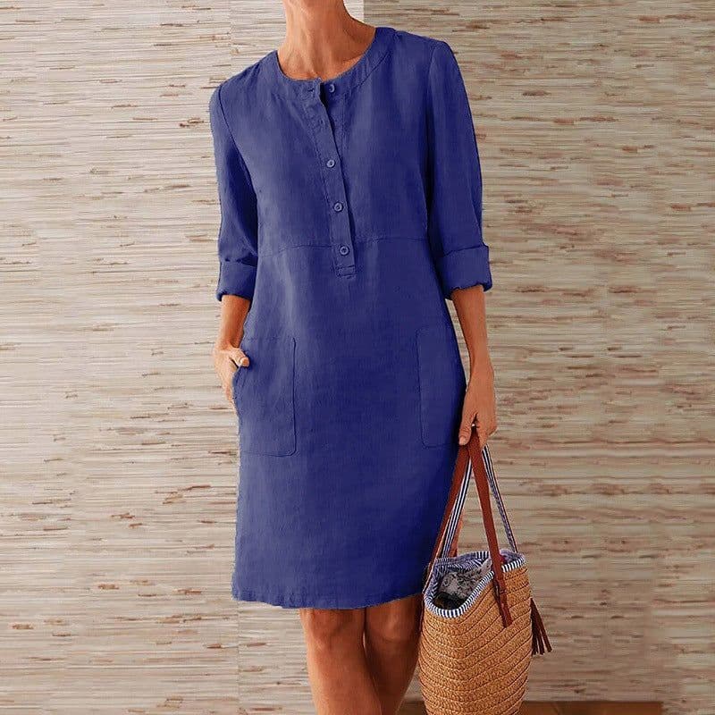 image-Women's Cotton Linen Round Neck Long Sleeve A-Line Midi Dress