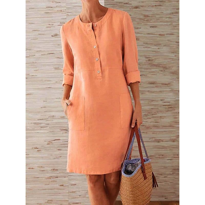 image-Women's Cotton Linen Round Neck Long Sleeve A-Line Midi Dress