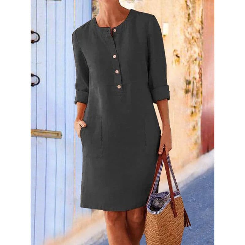 image-Women's Cotton Linen Round Neck Long Sleeve A-Line Midi Dress