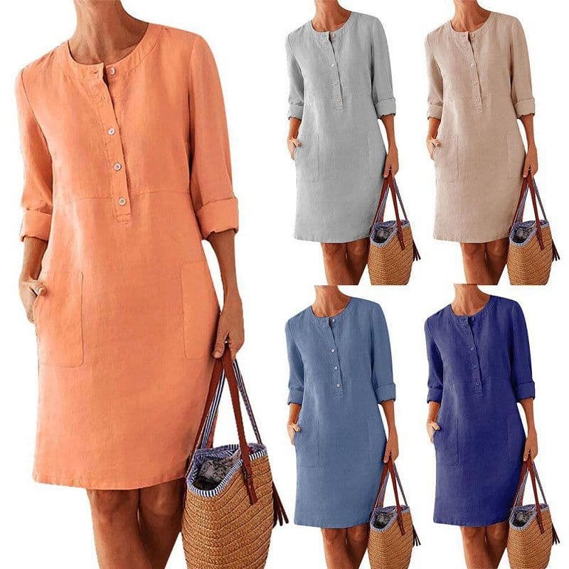 image-Women's Cotton Linen Round Neck Long Sleeve A-Line Midi Dress