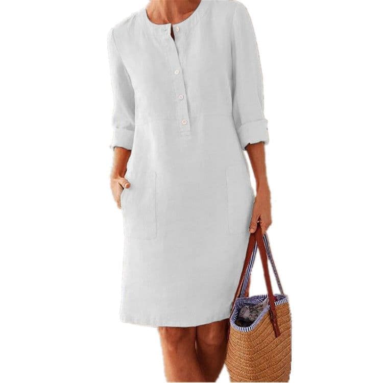 image-Women's Cotton Linen Round Neck Long Sleeve A-Line Midi Dress
