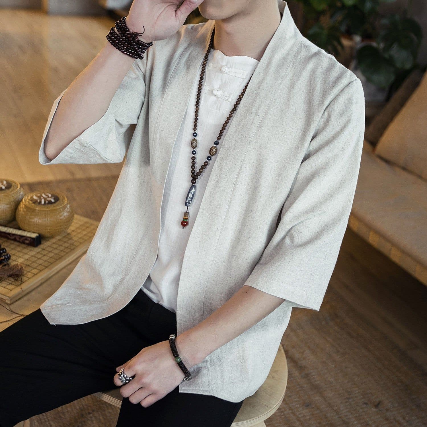 image-Men's Chinese Style Cotton Linen Stand Collar Cardigan Shirt